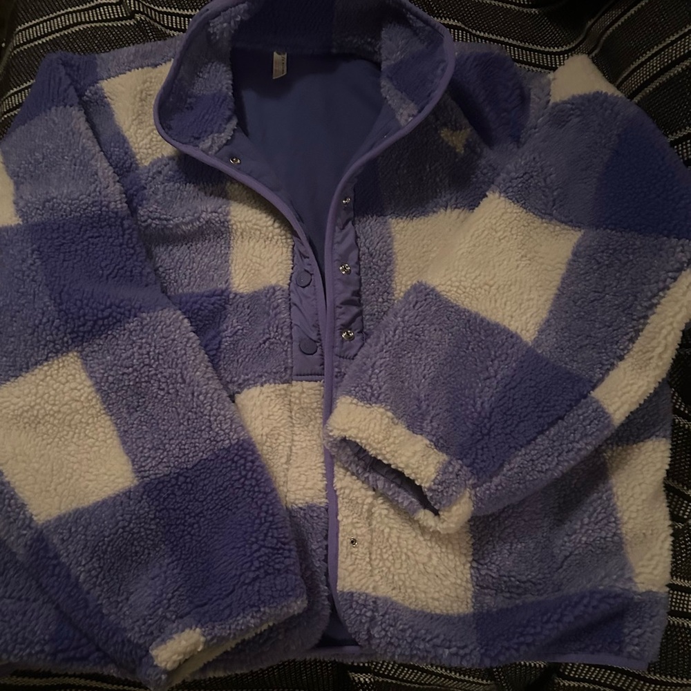 Free People Plush Checkered Puffer Jacket - Purple & Cream